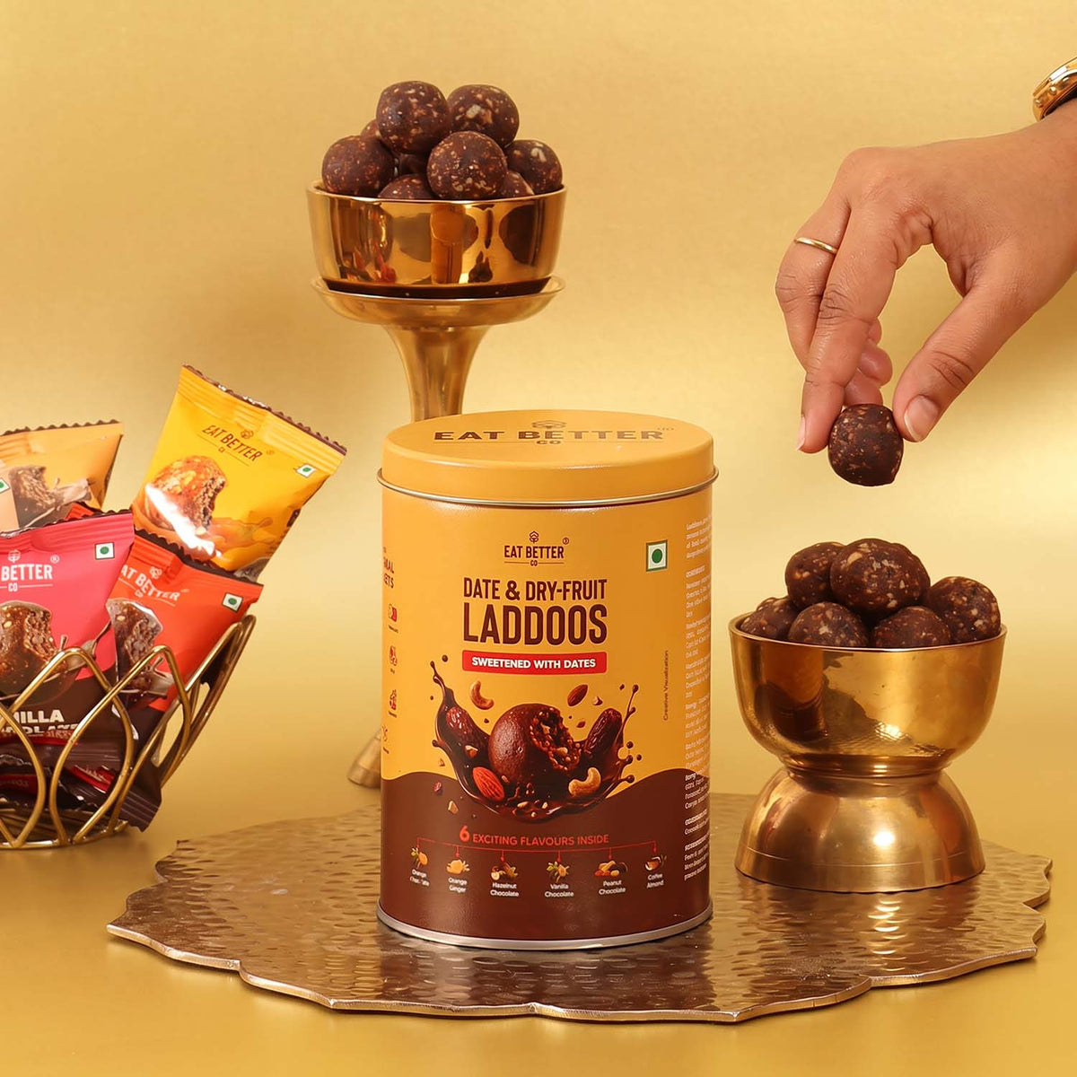 Assorted Dry-Fruit Chocolate Laddoos in Round Tin Box - Diwali Gift Hamper