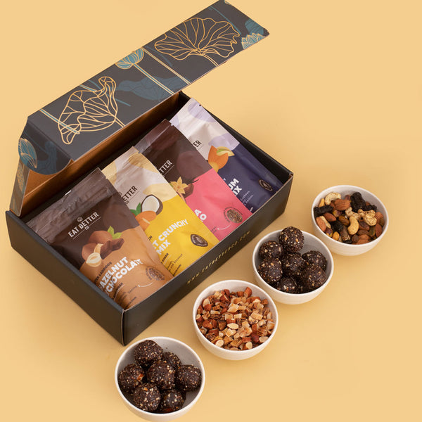 Golden Lotus Gift Hamper - Assorted Dry-Fruits, Healthy Sweets & Choco –  Eat Better Co