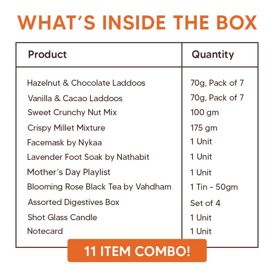 Unique gift hamper for mom on Mother's Day, with healthy snacks and relaxing products